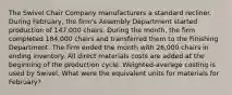 The Swivel Chair Company manufacturers a standard recliner. During February, the firm's Assembly Department started production of 147,000 chairs. During the month, the firm completed 184,000 chairs and transferred them to the Finishing Department. The firm ended the month with 26,000 chairs in ending inventory. All direct materials costs are added at the beginning of the production cycle. Weighted-average costing is used by Swivel. What were the equivalent units for materials for February?