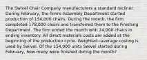 The Swivel Chair Company manufacturers a standard recliner. During​ February, the​ firm's Assembly Department started production of​ 154,000 chairs. During the​ month, the firm completed​ 178,000 chairs and transferred them to the Finishing Department. The firm ended the month with​ 24,000 chairs in ending inventory. All direct materials costs are added at the beginning of the production cycle. Weighted−average costing is used by Swivel. Of the​ 154,000 units Swivel started during​ February, how many were finished during the​ month?