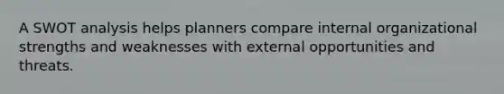 A SWOT analysis helps planners compare internal organizational strengths and weaknesses with external opportunities and threats.