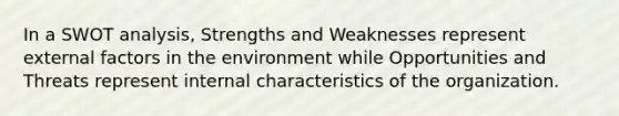 In a SWOT analysis, Strengths and Weaknesses represent external factors in the environment while Opportunities and Threats represent internal characteristics of the organization.