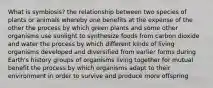 What is symbiosis? the relationship between two species of plants or animals whereby one benefits at the expense of the other the process by which green plants and some other organisms use sunlight to synthesize foods from carbon dioxide and water the process by which different kinds of living organisms developed and diversified from earlier forms during Earth's history groups of organisms living together for mutual benefit the process by which organisms adapt to their environment in order to survive and produce more offspring