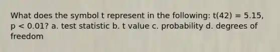 What does the symbol t represent in the following: t(42) = 5.15, p < 0.01? a. test statistic b. t value c. probability d. degrees of freedom