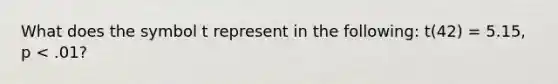 What does the symbol t represent in the following: t(42) = 5.15, p < .01?