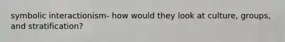 symbolic interactionism- how would they look at culture, groups, and stratification?