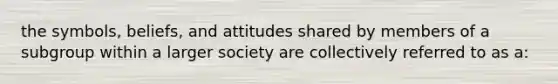 the symbols, beliefs, and attitudes shared by members of a subgroup within a larger society are collectively referred to as a: