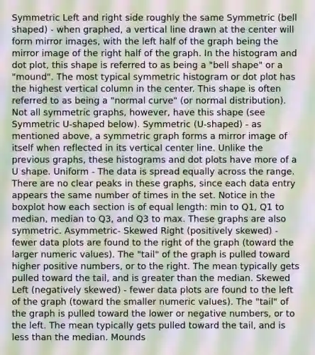 Symmetric Left and right side roughly the same Symmetric (bell shaped) - when graphed, a <a href='https://www.questionai.com/knowledge/k6j3Z69xQg-vertical-line' class='anchor-knowledge'>vertical line</a> drawn at the center will form mirror images, with the left half of the graph being the mirror image of the right half of the graph. In the histogram and <a href='https://www.questionai.com/knowledge/kjMSz3dOjW-dot-plot' class='anchor-knowledge'>dot plot</a>, this shape is referred to as being a "bell shape" or a "mound". The most typical symmetric histogram or dot plot has the highest vertical column in the center. This shape is often referred to as being a "normal curve" (or normal distribution). Not all symmetric graphs, however, have this shape (see Symmetric U-shaped below). Symmetric (U-shaped) - as mentioned above, a symmetric graph forms a mirror image of itself when reflected in its vertical center line. Unlike the previous graphs, these histograms and dot plots have more of a U shape. Uniform - The data is spread equally across the range. There are no clear peaks in these graphs, since each data entry appears the same number of times in the set. Notice in the boxplot how each section is of equal length: min to Q1, Q1 to median, median to Q3, and Q3 to max. These graphs are also symmetric. Asymmetric- Skewed Right (positively skewed) - fewer data plots are found to the right of the graph (toward the larger numeric values). The "tail" of the graph is pulled toward higher positive numbers, or to the right. The mean typically gets pulled toward the tail, and is greater than the median. Skewed Left (negatively skewed) - fewer data plots are found to the left of the graph (toward the smaller numeric values). The "tail" of the graph is pulled toward the lower or negative numbers, or to the left. The mean typically gets pulled toward the tail, and is <a href='https://www.questionai.com/knowledge/k7BtlYpAMX-less-than' class='anchor-knowledge'>less than</a> the median. Mounds