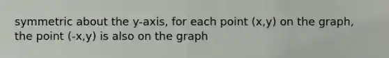 symmetric about the y-axis, for each point (x,y) on the graph, the point (-x,y) is also on the graph