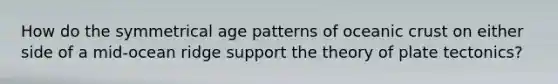 How do the symmetrical age patterns of oceanic crust on either side of a mid-ocean ridge support the theory of plate tectonics?