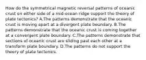 How do the symmetrical magnetic reversal patterns of oceanic crust on either side of a mid-ocean ridge support the theory of plate tectonics? A.The patterns demonstrate that the oceanic crust is moving apart at a divergent plate boundary. B.The patterns demonstrate that the oceanic crust is coming together at a convergent plate boundary. C.The patterns demonstrate that sections of oceanic crust are sliding past each other at a transform plate boundary. D.The patterns do not support the theory of plate tectonics.