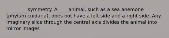 _________symmetry. A ____animal, such as a sea anemone (phylum cnidaria), does not have a left side and a right side. Any imaginary slice through the central axis divides the animal into mirror images