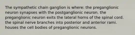 The sympathetic chain ganglion is where: the preganglionic neuron synapses with the postganglionic neuron. the preganglionic neuron exits the lateral horns of the spinal cord. the spinal nerve branches into posterior and anterior rami. houses the cell bodies of preganglionic neurons.