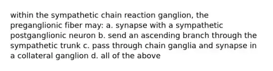 within the sympathetic chain reaction ganglion, the preganglionic fiber may: a. synapse with a sympathetic postganglionic neuron b. send an ascending branch through the sympathetic trunk c. pass through chain ganglia and synapse in a collateral ganglion d. all of the above