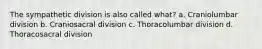 The sympathetic division is also called what? a. Craniolumbar division b. Craniosacral division c. Thoracolumbar division d. Thoracosacral division