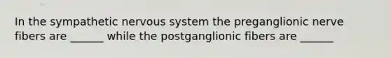 In the sympathetic nervous system the preganglionic nerve fibers are ______ while the postganglionic fibers are ______