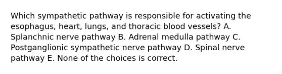 Which sympathetic pathway is responsible for activating the esophagus, heart, lungs, and thoracic blood vessels? A. Splanchnic nerve pathway B. Adrenal medulla pathway C. Postganglionic sympathetic nerve pathway D. Spinal nerve pathway E. None of the choices is correct.