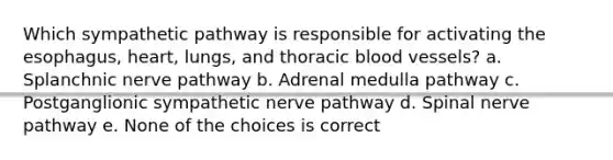 Which sympathetic pathway is responsible for activating the esophagus, heart, lungs, and thoracic blood vessels? a. Splanchnic nerve pathway b. Adrenal medulla pathway c. Postganglionic sympathetic nerve pathway d. Spinal nerve pathway e. None of the choices is correct