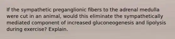 If the sympathetic preganglionic ﬁbers to the adrenal medulla were cut in an animal, would this eliminate the sympathetically mediated component of increased gluconeogenesis and lipolysis during exercise? Explain.