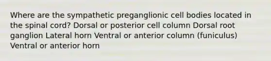 Where are the sympathetic preganglionic cell bodies located in the spinal cord? Dorsal or posterior cell column Dorsal root ganglion Lateral horn Ventral or anterior column (funiculus) Ventral or anterior horn