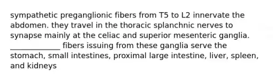 sympathetic preganglionic fibers from T5 to L2 innervate the abdomen. they travel in the thoracic splanchnic nerves to synapse mainly at the celiac and superior mesenteric ganglia. _____________ fibers issuing from these ganglia serve the stomach, small intestines, proximal large intestine, liver, spleen, and kidneys