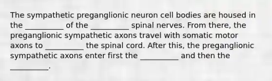 The sympathetic preganglionic neuron cell bodies are housed in the __________ of the __________ spinal nerves. From there, the preganglionic sympathetic axons travel with somatic motor axons to __________ the spinal cord. After this, the preganglionic sympathetic axons enter first the __________ and then the __________.