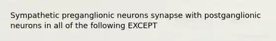 Sympathetic preganglionic neurons synapse with postganglionic neurons in all of the following EXCEPT