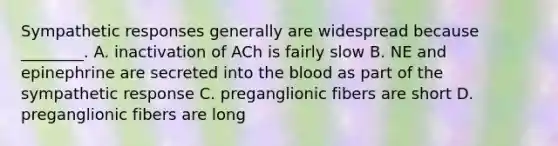 Sympathetic responses generally are widespread because ________. A. inactivation of ACh is fairly slow B. NE and epinephrine are secreted into the blood as part of the sympathetic response C. preganglionic fibers are short D. preganglionic fibers are long