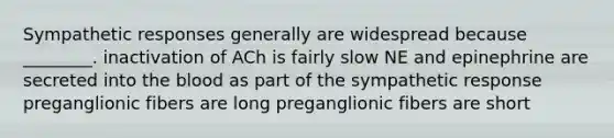 Sympathetic responses generally are widespread because ________. inactivation of ACh is fairly slow NE and epinephrine are secreted into the blood as part of the sympathetic response preganglionic fibers are long preganglionic fibers are short