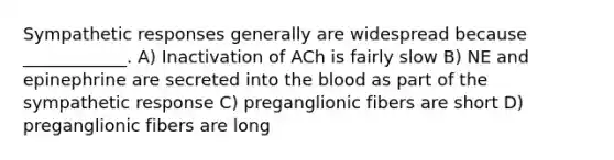 Sympathetic responses generally are widespread because ____________. A) Inactivation of ACh is fairly slow B) NE and epinephrine are secreted into the blood as part of the sympathetic response C) preganglionic fibers are short D) preganglionic fibers are long