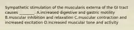 Sympathetic stimulation of the muscularis externa of the GI tract causes ________. A.increased digestive and gastric motility B.muscular inhibition and relaxation C.muscular contraction and increased excitation D.increased muscular tone and activity