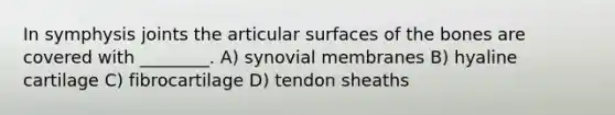 In symphysis joints the articular surfaces of the bones are covered with ________. A) synovial membranes B) hyaline cartilage C) fibrocartilage D) tendon sheaths