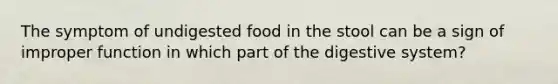 The symptom of undigested food in the stool can be a sign of improper function in which part of the digestive system?