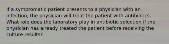 If a symptomatic patient presents to a physician with an infection, the physician will treat the patient with antibiotics. What role does the laboratory play in antibiotic selection if the physician has already treated the patient before receiving the culture results?