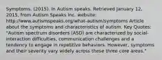 Symptoms. (2015). In Autism speaks. Retrieved January 12, 2015, from Autism Speaks Inc. website: http://www.autismspeaks.org/what-autism/symptoms Article about the symptoms and characteristics of autism. Key Quotes: "Autism spectrum disorders (ASD) are characterized by social-interaction difficulties, communication challenges and a tendency to engage in repetitive behaviors. However, symptoms and their severity vary widely across these three core areas."