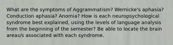 What are the symptoms of Aggrammatism? Wernicke's aphasia? Conduction aphasia? Anomia? How is each neuropsychological syndrome best explained, using the levels of language analysis from the beginning of the semester? Be able to locate the brain areas/s associated with each syndrome.