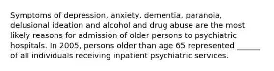 Symptoms of depression, anxiety, dementia, paranoia, delusional ideation and alcohol and drug abuse are the most likely reasons for admission of older persons to psychiatric hospitals. In 2005, persons older than age 65 represented ______ of all individuals receiving inpatient psychiatric services.