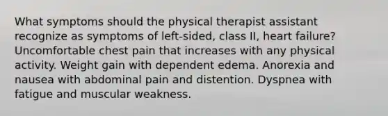 What symptoms should the physical therapist assistant recognize as symptoms of left-sided, class II, heart failure? Uncomfortable chest pain that increases with any physical activity. Weight gain with dependent edema. Anorexia and nausea with abdominal pain and distention. Dyspnea with fatigue and muscular weakness.