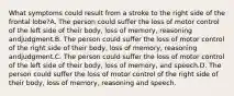 What symptoms could result from a stroke to the right side of the frontal lobe?A. The person could suffer the loss of motor control of the left side of their body, loss of memory, reasoning andjudgment.B. The person could suffer the loss of motor control of the right side of their body, loss of memory, reasoning andjudgment.C. The person could suffer the loss of motor control of the left side of their body, loss of memory, and speech.D. The person could suffer the loss of motor control of the right side of their body, loss of memory, reasoning and speech.