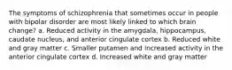 The symptoms of schizophrenia that sometimes occur in people with bipolar disorder are most likely linked to which brain change? a. Reduced activity in the amygdala, hippocampus, caudate nucleus, and anterior cingulate cortex b. Reduced white and gray matter c. Smaller putamen and increased activity in the anterior cingulate cortex d. Increased white and gray matter