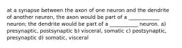 at a synapse between the axon of one neuron and the dendrite of another neuron, the axon would be part of a ____________ neuron; the dendrite would be part of a ___________ neuron. a) presynaptic, postsynaptic b) visceral, somatic c) postsynaptic, presynaptic d) somatic, visceral