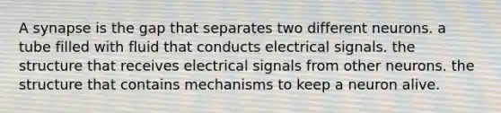 A synapse is the gap that separates two different neurons. a tube filled with fluid that conducts electrical signals. the structure that receives electrical signals from other neurons. the structure that contains mechanisms to keep a neuron alive.