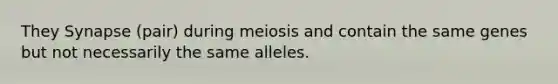 They Synapse (pair) during meiosis and contain the same genes but not necessarily the same alleles.