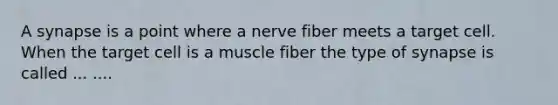 A synapse is a point where a nerve fiber meets a target cell. When the target cell is a muscle fiber the type of synapse is called ... ....