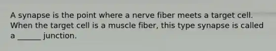 A synapse is the point where a nerve fiber meets a target cell. When the target cell is a muscle fiber, this type synapse is called a ______ junction.