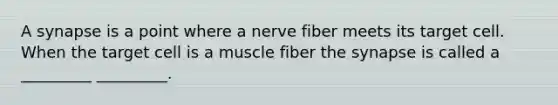 A synapse is a point where a nerve fiber meets its target cell. When the target cell is a muscle fiber the synapse is called a _________ _________.