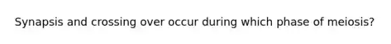 Synapsis and crossing over occur during which phase of meiosis?