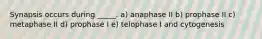 Synapsis occurs during _____. a) anaphase II b) prophase II c) metaphase II d) prophase I e) telophase I and cytogenesis