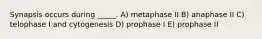 Synapsis occurs during _____. A) metaphase II B) anaphase II C) telophase I and cytogenesis D) prophase I E) prophase II