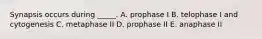 Synapsis occurs during _____. A. prophase I B. telophase I and cytogenesis C. metaphase II D. prophase II E. anaphase II