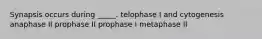 Synapsis occurs during _____. telophase I and cytogenesis anaphase II prophase II prophase I metaphase II