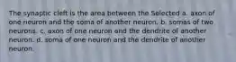 The synaptic cleft is the area between the Selected a. axon of one neuron and the soma of another neuron. b. somas of two neurons. c. axon of one neuron and the dendrite of another neuron. d. soma of one neuron and the dendrite of another neuron.